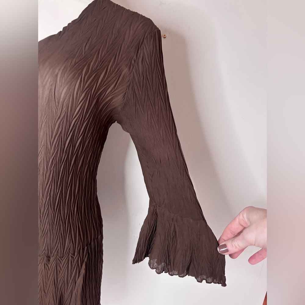 Y2K VINTAGE Brown Asymmetric Bell Sleeve Top Sheer 90s Fairy Grunge Goblin Sz M - Picture 7 of 11
